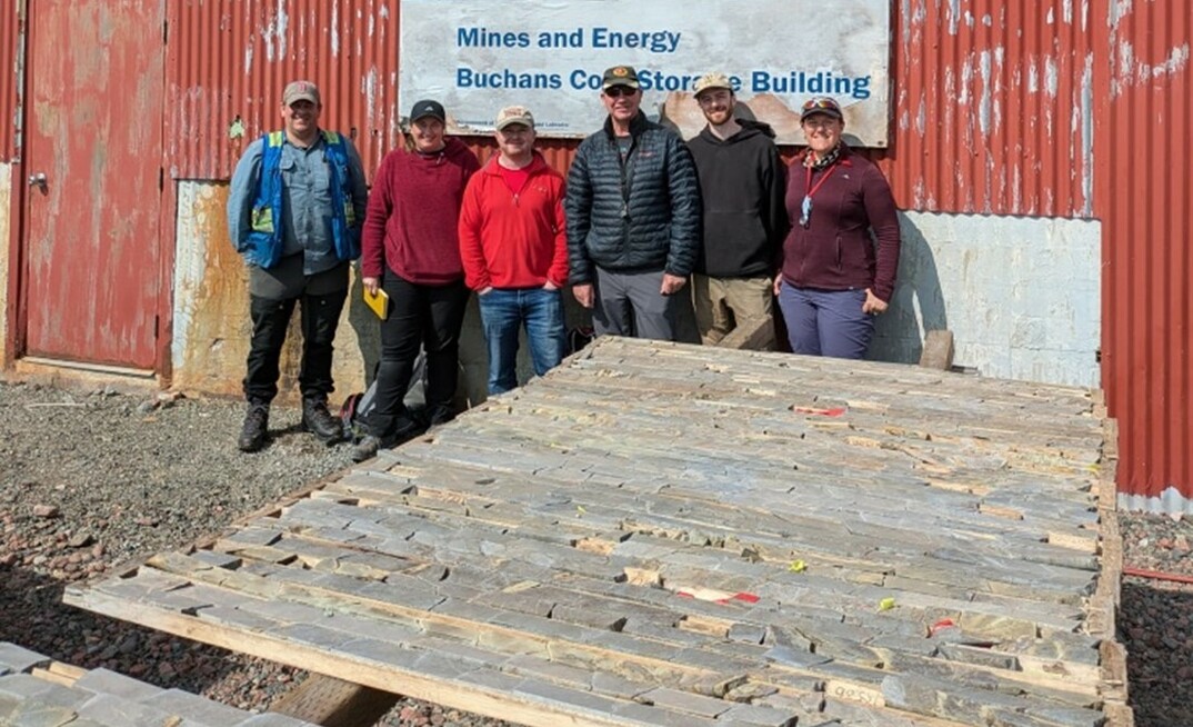 Sampling historical drillcore from core libraries in Newfoundland. (L to R) Steve Piercey (Memorial University); Hannah Grant (BGS); Steve Hollis (University of Edinburgh); Mark Cooper (BGS); Philippe Mongeau (University of Edinburgh), and Katie McFall (UCL)