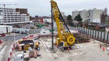 A Soilmec SC-110 Urban at work on the site of the Rueil – Suresnes Mont-Valérien station site along Line 15 West part of the Grand Paris Express project