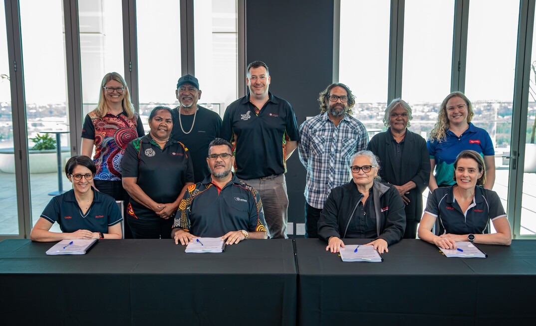 Rio Tinto Iron Ore corporate counsel Chloe Piper, Yinhawangka Aboriginal Corporation board member Rhonda Parker, Yinhawangka Aboriginal Corporation independent board member Nolan Hunter, Yinhawangka Aboriginal Corporation chief executive Liam Flanagan, Yinhawangka board member Jared Grabenhofer, Yinhawangka Aboriginal Corporation board member Gail Cox and Rio Tinto Iron Ore manager agreement making Eloise Hoffman.