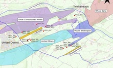  A plan map showing the United Downs area, Cornish Metals drillhole locations, Cornish Metals mineral rights boundary, local mine workign/area names and the location of both Trenares Lode and UD Lode