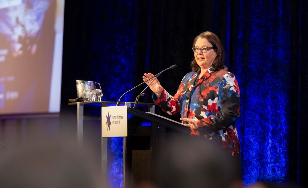 Madeleine King speaking at a recent CCIWA breakfast. Photo: PS Smile Productions.