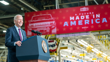 US president Joe Biden at the General Motors electric vehicle assembly plant in Detroit in 2021. Credit: White House/Adam Schultz