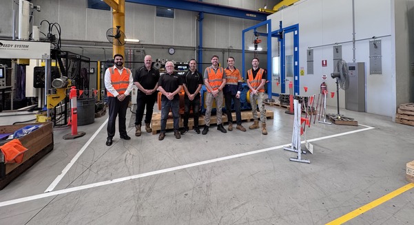 Steve Lewry and Adam Lees (Ontrak Engineering) pictured with Justin Towel and Harry Singh (Bonfiglioli), as well as members of HMA Group during the FAT at Bonfiglioli’s factory in Sydney
