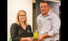 Recipient of the GRDC Seed of Light for the northern region Dr Kristy Hobson, Chickpea Breeding Australia, with GRDC Northern Panel deputy chair Roger Bolte.  Photo: Melanie Jenson