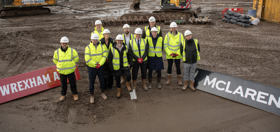 The ground breaking ceremony at the redevelopment site of Wrexham AFC’s Kop Stand at the STōK Cae Ras