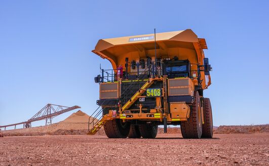 One of the two Caterpillar 793 XE Early Learner battery-electric trucks at Jimblebar.