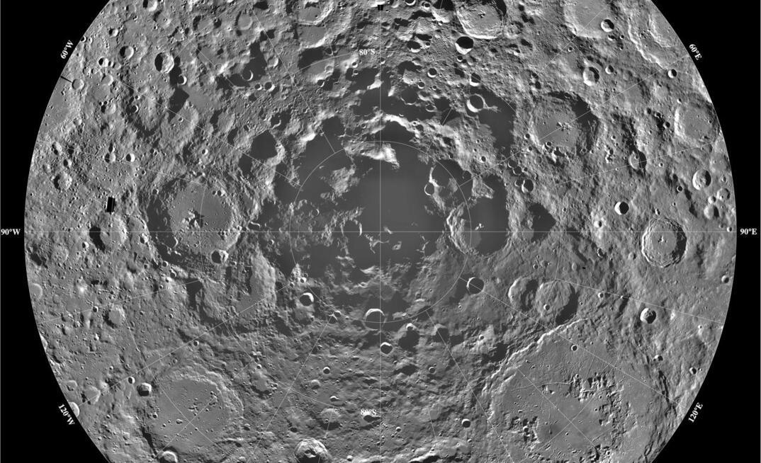 Lunar mosaic of ~1500 Clementine images of the south polar region of the moon. 