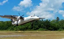 Geopacific personnel arriving on Woodlark Island in a PNG Air plane, the largest aircraft to visit the site since World War II.