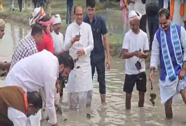 Bihar: Union Agriculture Minister Chouhan meets Makhana farmers, steps into 'muddy' pond to understand its cultivation