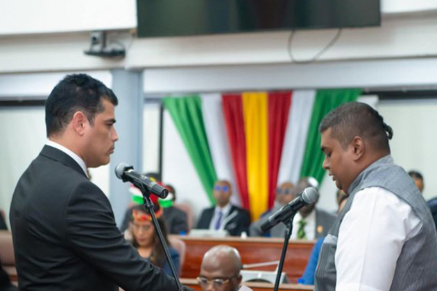 Suriname's National Assembly newly-elected chairman Ashwin Adhin takes oath in Sanskrit