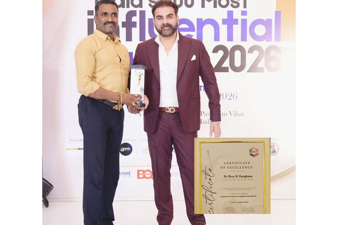 Dr. Binu Varghese Conferred "India's 100 Most Influential Leaders 2026" Award by hand of Actor Arbaaz Khan