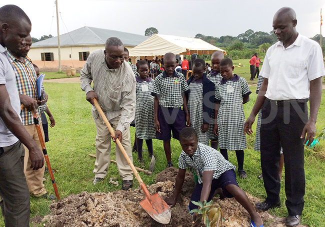  ondo yateka the ommissioner outh and hildren ffairs at the inistry of ender abour and ocial evelopment  plants  a tree as  children with  a parent in prison look on his was during his visit to ells of ope unior chool that looks after prisoners children