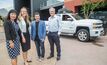 Dr Fang Chen (left), FMG deputy CEO Julie Shuttleworth, Paul Lucey and Peter Long with the Chevy Silverado being used for the autonomous light vehicle trial at Christmas Creek.