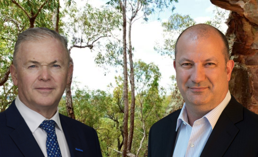 Unions step into the Narrabri gas fight as Santos CEO Kevin Gallagher and Unions NSW secretary Mark Morey are pictured at a lookout in Pilliga Forest near Narrabri.
