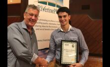  John Hanrahan Scholarship recipient Mitch Priestly with Barry Membrey. Picture courtesy Riverine Plains Inc