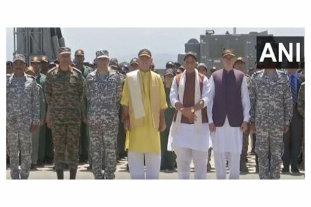 Defence Minister Rajnath Singh interacts with IAF jawans at Srinagar air base