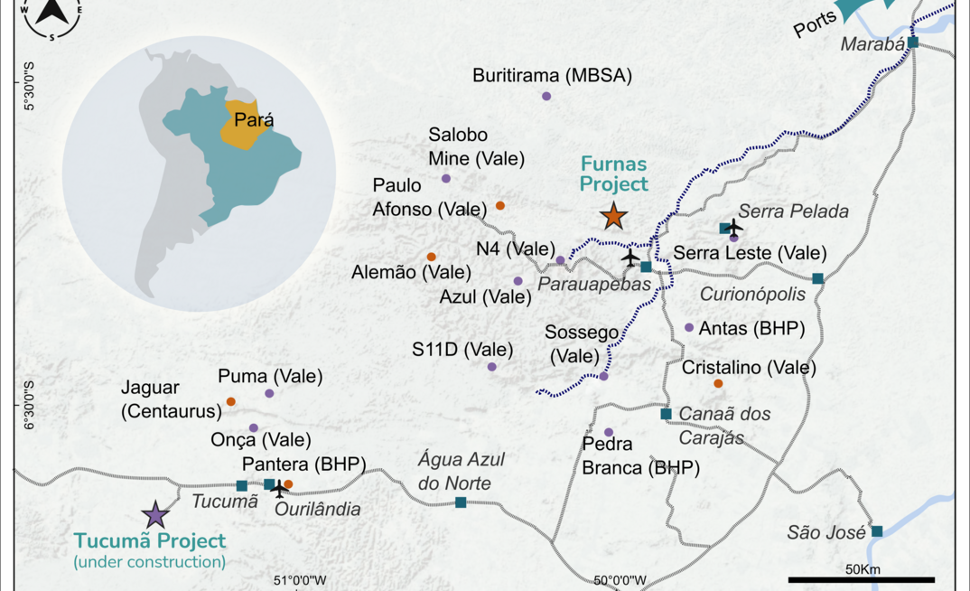 Mapa com localização do projeto de cobre Furnas, de parceria entre Vale e Ero Copper