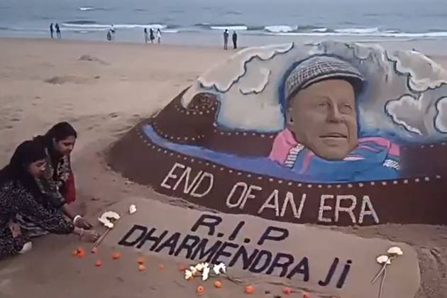 Sand artist Sudarsan Pattnaik creates five-foot sand art to pay tribute to Dharmendra