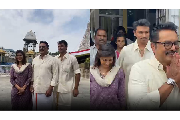 Varalaxmi Sarathkumar visits Tirumala Temple with father Sarathkumar, offers prayers