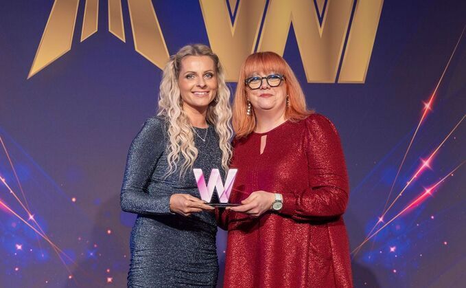 Kristy Cotton (left) accepting the Administrator of the Year award at PP's Women in Pensions Awards in November from host Angela Barnes (right)