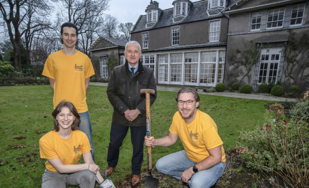 Technician Iona Copley, researcher Tristan Roberts, University of Aberdeen Principal Professor Peter Edwards, and Dr David Cornwell, AGFP co-lead preparing to install of seismic nodes that will be used to create a 3D subsurface map around Aberdeen