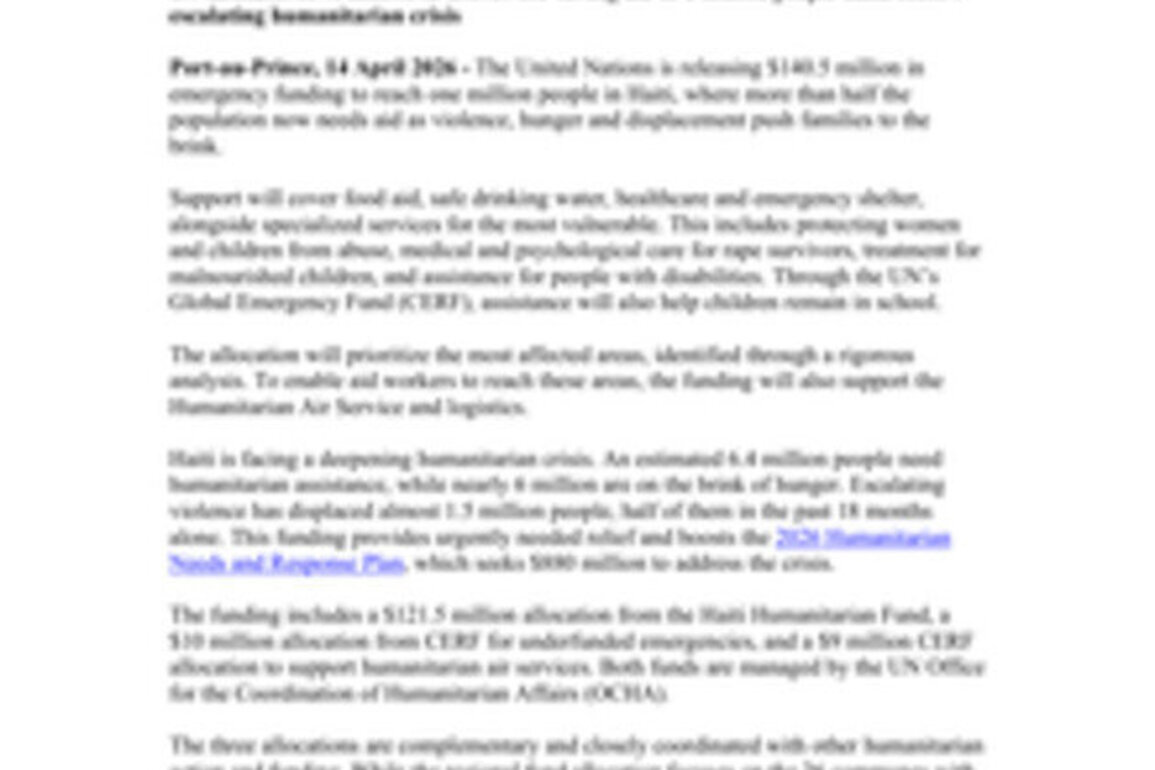 UN allocates $140 million to one million people amid Haiti's escalating humanitarian crisis