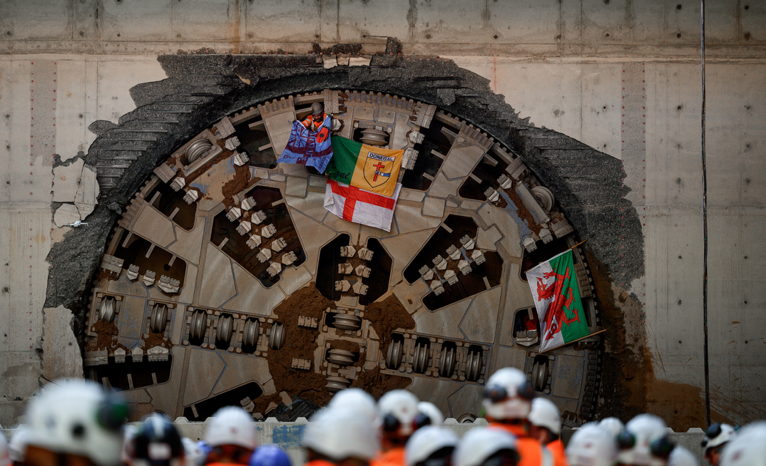 The cutterhead of HS2 TBM Mary Ann after it had completed the first tunnel breakthrough in Birmingham 