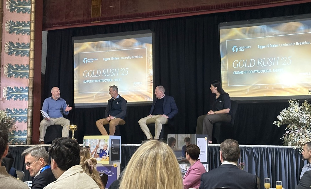 (Left-to-right) Purple director Peter Klinger, Argonaut's Liam Twigger, Evolution's Lawrie Conway, and graduate mining engineer Shayera Allen