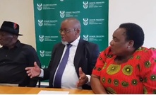 Minister of police Bheki Cele (left) and minister of mineral resources Gwede Mantashe (middle) meet with unions to try resolve the violent ongoing strike at Sibanye-Stillwater's gold mines