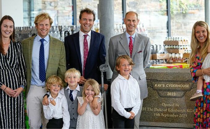 The Duke of Edinburgh with the Healey family to open their new apple pressing facility (Healey's Cornish Cyder Farm)