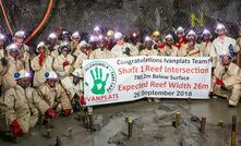 Members of the Platreef project team and its South African sinking contractor, Aveng Mining, in Shaft 1 at the intersection of the Flatreef deposit