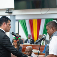 Suriname's National Assembly newly-elected chairman Ashwin Adhin takes oath in Sanskrit