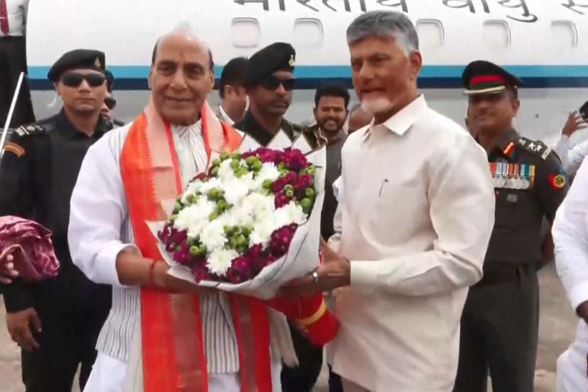 Rajnath Singh reaches Andhra Pradesh's Puttaparthi for launch of major aerospace, defence projects