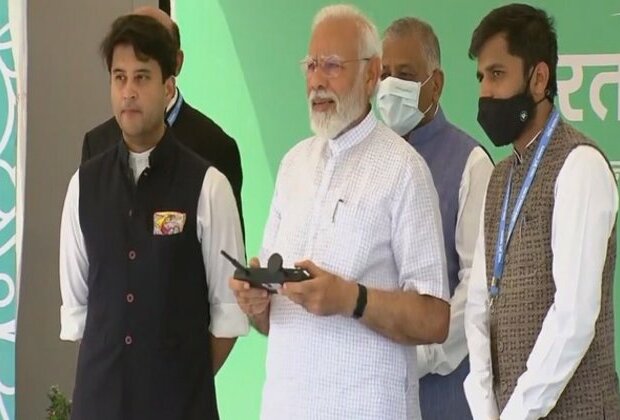 Delhi: PM Modi tries hand at flying drone during inauguration of two-day 'Bharat Drone Mahotsav'