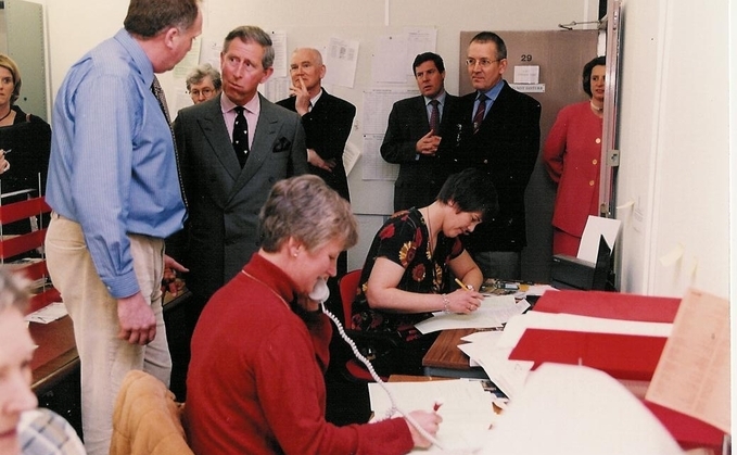 Sue English, Addington Fund director, said: "We listened to farmers describe the deafening silence on their farms after their livestock had been culled - the emptiness of a once-busy milking parlour, cattle shed, or lambing barn now stripped of life." (Picture of King Charles, then Prince of Wales, visiting Addington Fund's operations room in 2001 during the height of the foot-and-mouth outbreak).