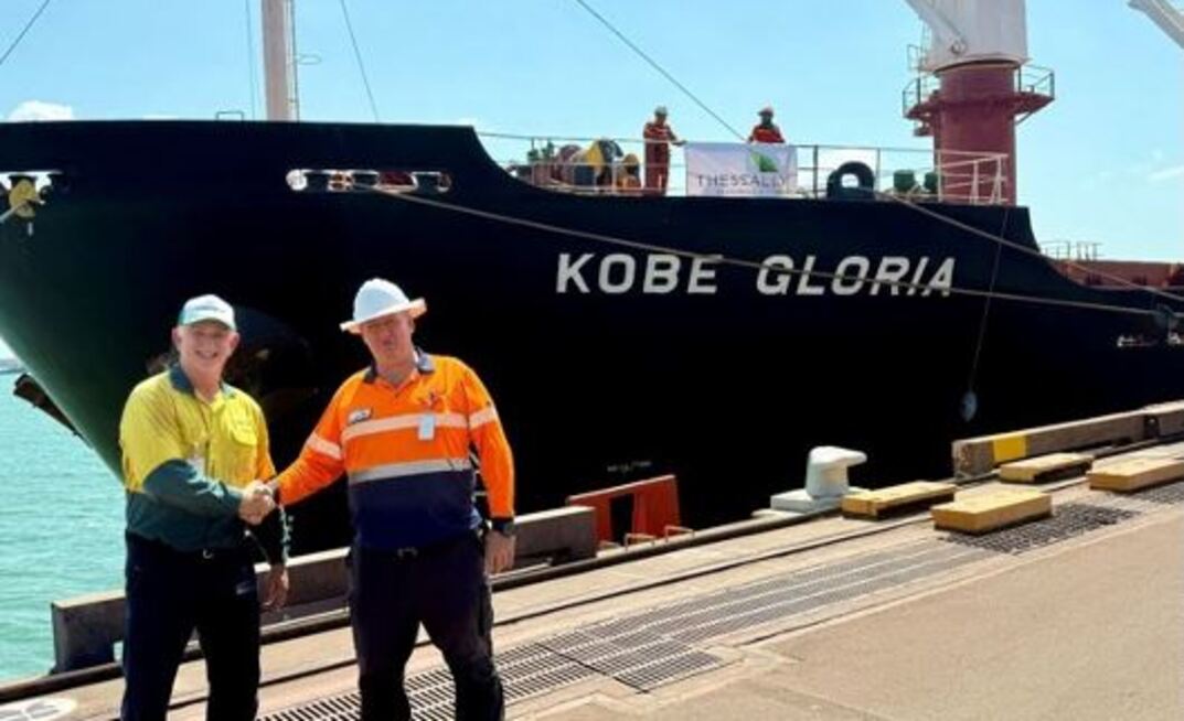 Jeff Elliott (Chairman) and John Murray (Director) celebrating the successful loading of magnesite at Darwin Port.