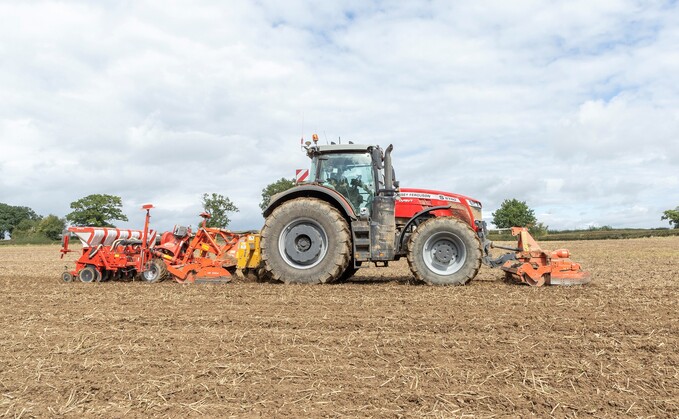 With the potential for one-pass establishment of oilseed rape, Steve Edwards has combined a front and rear power harrow, four-leg subsoiler and six-row drill onto a 400hp MF8740S. With the potential for one-pass establishment of oilseed rape, Steve Edwards has combined a front and rear power harrow, four-leg subsoiler and six-row drill onto a 400hp MF8740S.