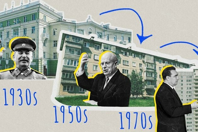 How did apartment blocks change under Stalin, Khrushchev & Brezhnev