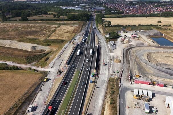 A43 looking towards Brackley with the two carriageways realigned across the new HS2 bridge July 2026