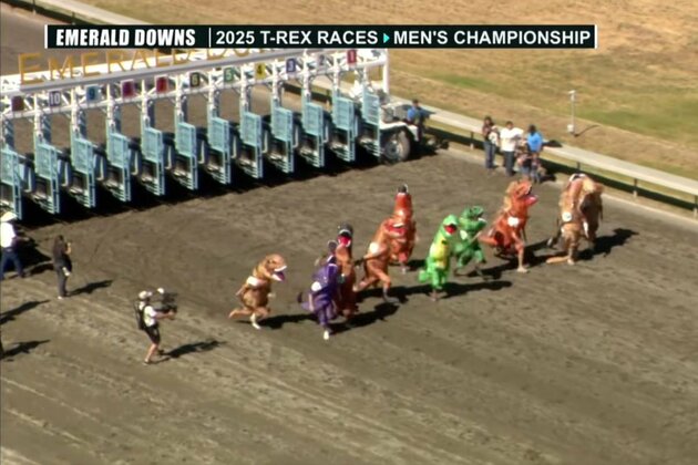 Watch- Dinosaurs dash for the finish line in T-Rex World Championship Races
