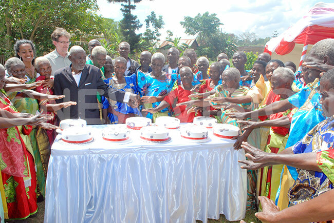  he elderly and  officials cut cake 