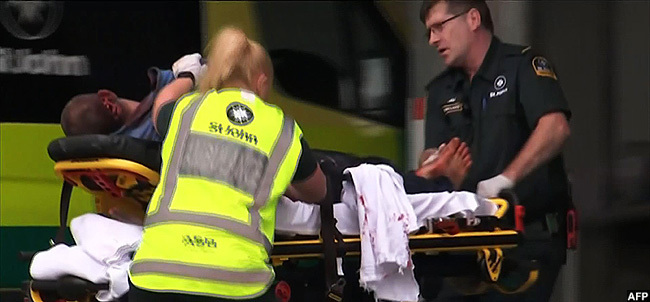  n image grab from  ew ealand shows a victim arriving at a hospital following the mosque shooting