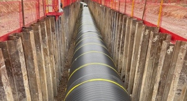 Steel trench sheets are being driven to provide the safe working environment needed to install the Weholite pipes needed for the Stambourne wastewater recycling centre project