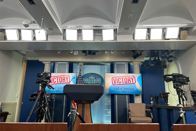 White House briefing room TV screens display "Victory" and "Gulf of America"