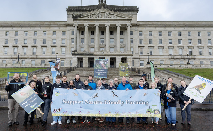 Supporters outside Stormont calling for long-term investment in agri-environment schemes to support farmers and restore wildlife