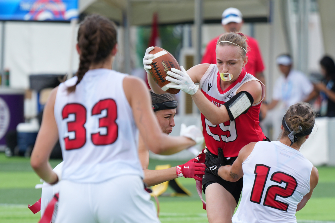 (SP)CHINA-CHENGDU-THE WORLD GAMES 2025-FLAG FOOTBALL-WOMEN'S BRONZE MEDAL GAME-CAN VS AUT (CN)
