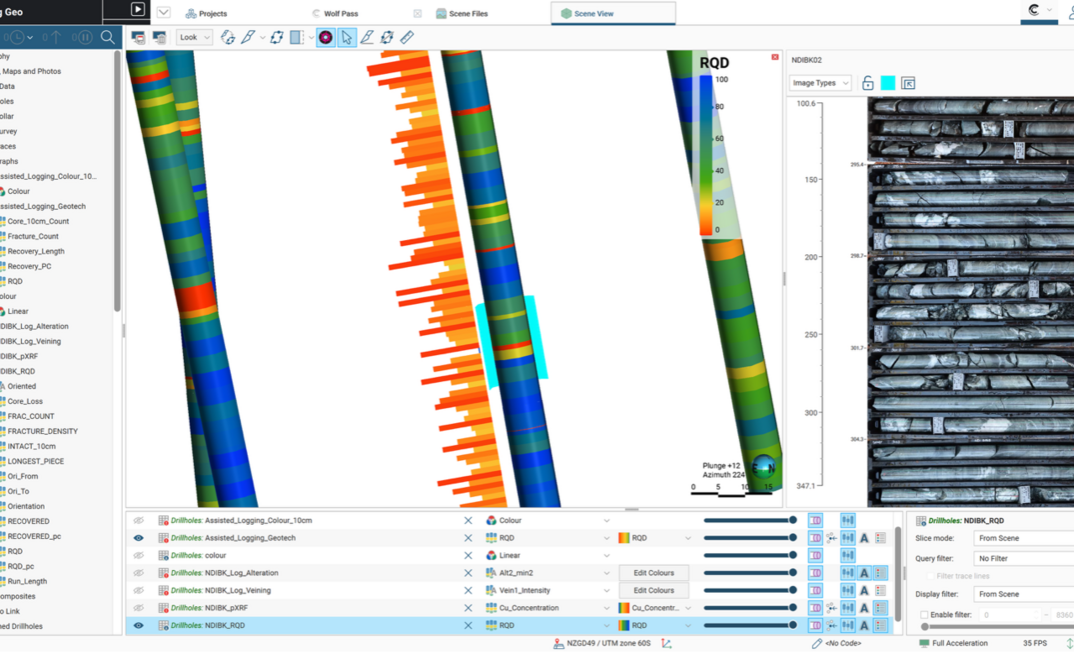 In the integrated Imago panel in Leapfrog, users can understand lithology and alteration at a glance with colour-coded sections of core imagery, powered by Imago’s machine learning technology.