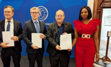 EcoGraf MD Andrew Spinks and country director Christer Mhingo formalise the MOU at Mining Indaba with Betolar’s Jyri Talja and GTK boss Kimmo Tiilikainen