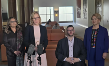 Senator Larissa Waters alongside Green party colleagues