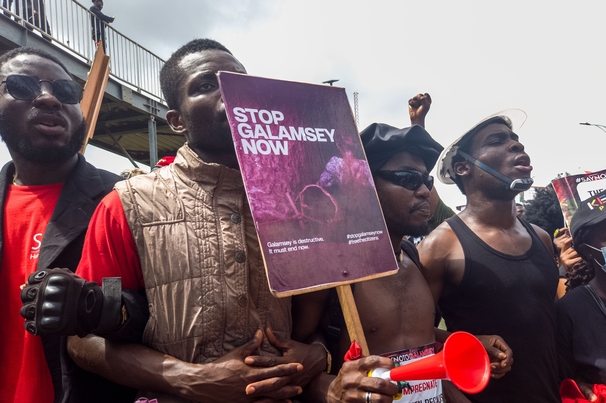  Ghanaians march in protest against illegal gold mining and unlawful arrests on 5 October 2024. Photo: Delali Adogla-Bessa / Shutterstock